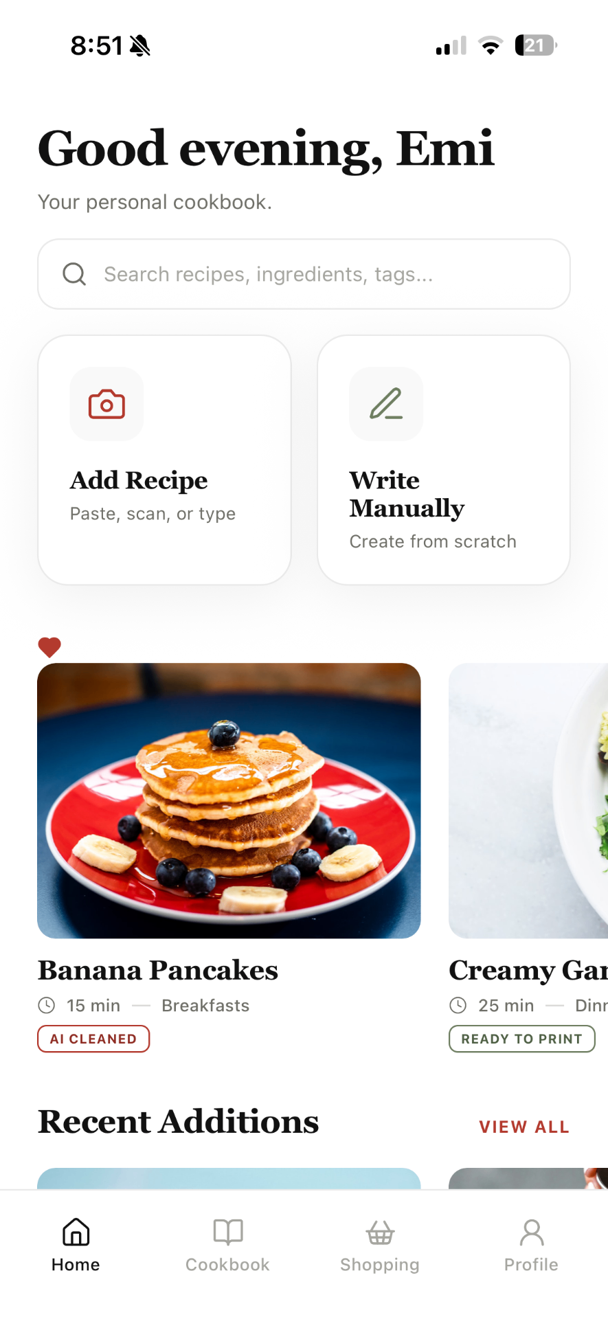WhiskNotes home screen showing a personal cookbook
