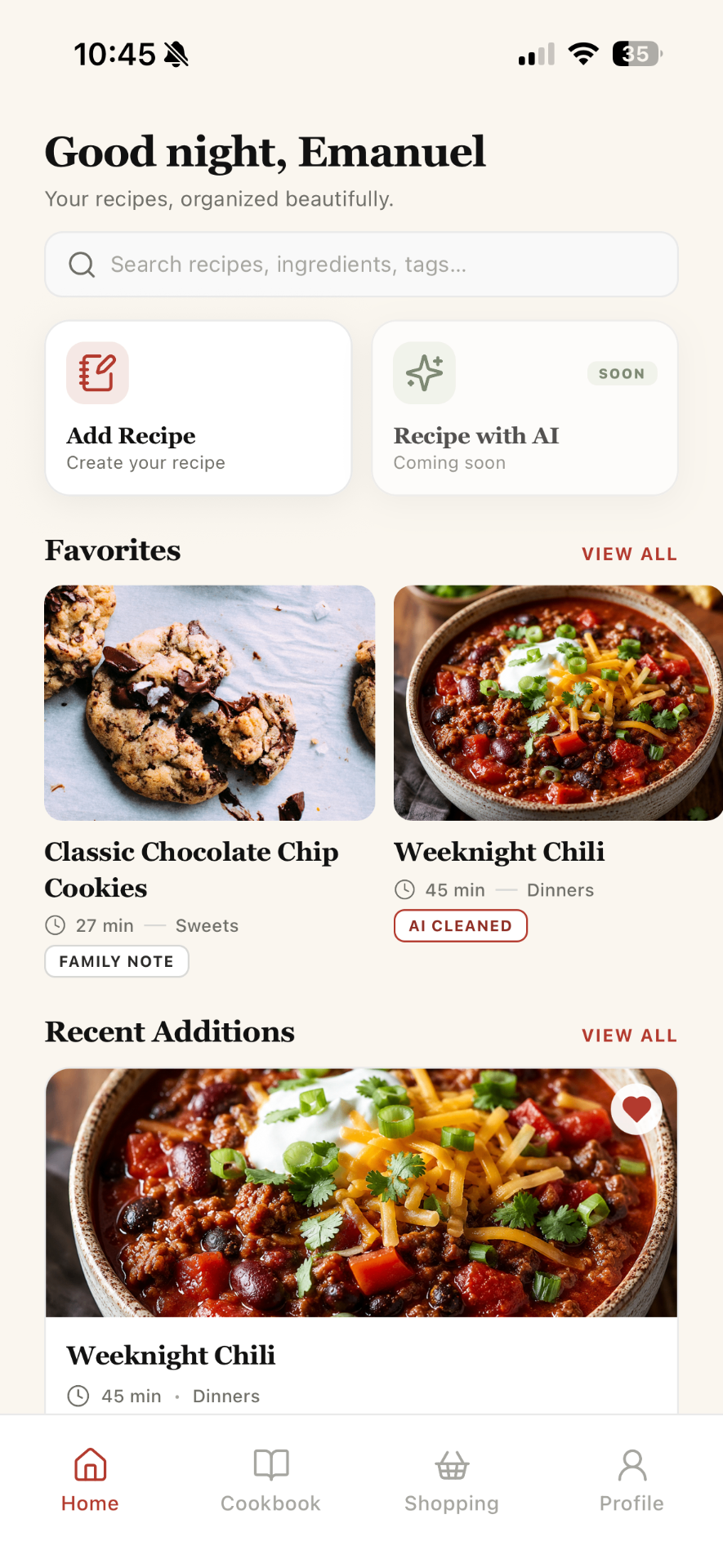 Whisk Notes home screen showing a personal cookbook