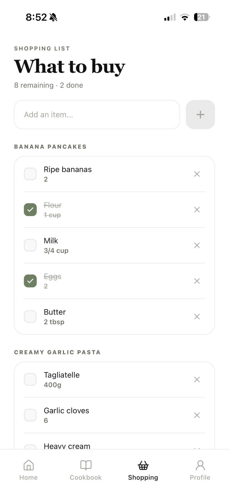 Shopping lists by recipe