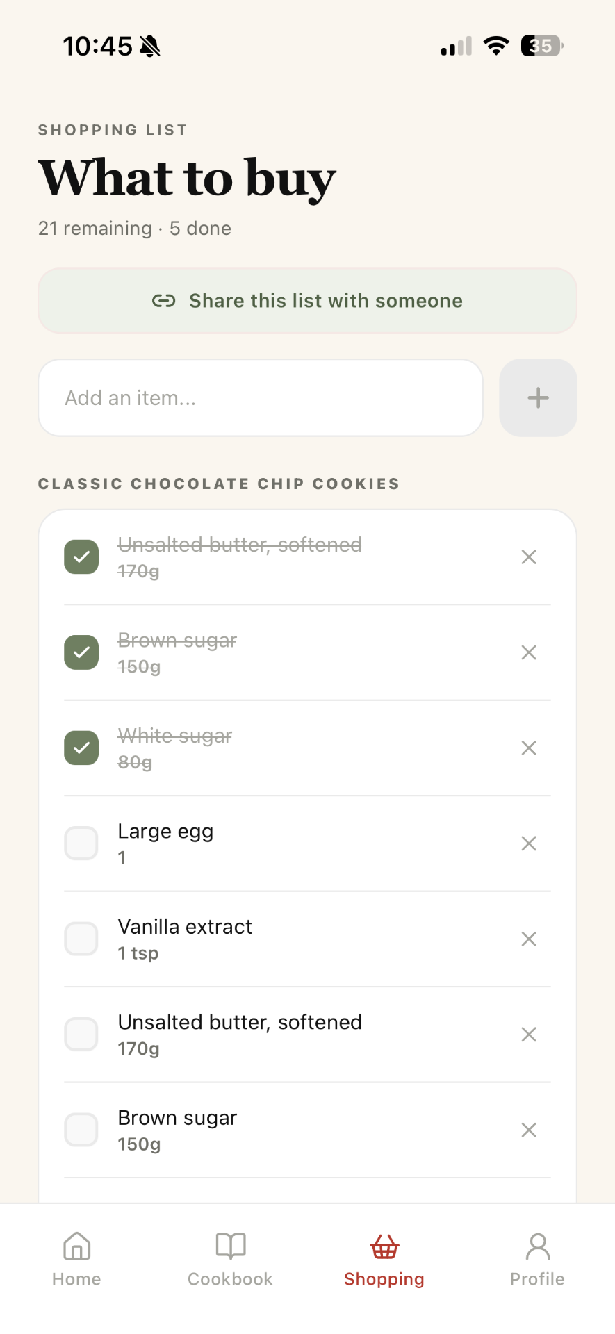 Shopping lists by recipe